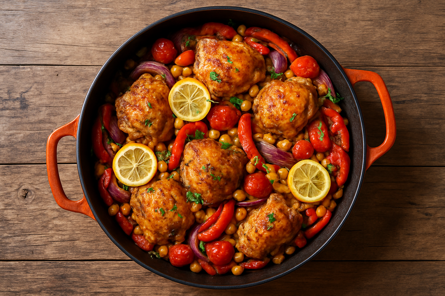 A vibrant one-pot meal in a cast iron skillet featuring chicken, tomatoes, olives, and orzo pasta